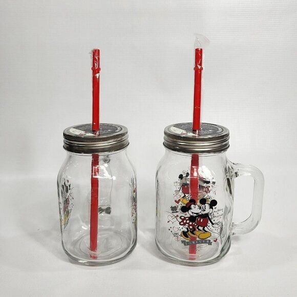 2 Disney Collectible 21 oz Glass Mason Jar Minnie & Mickey ❤️Forever w Straw Lid - Picture 10 of 10